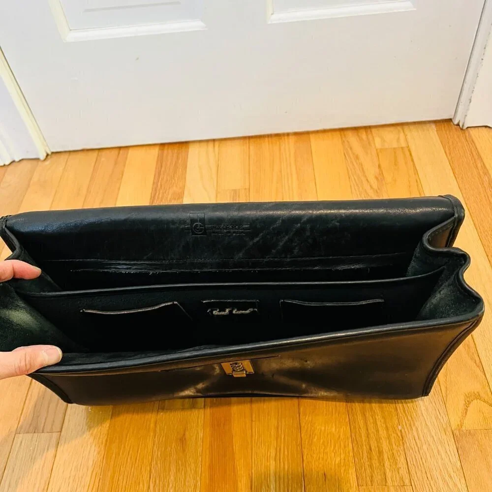 Jack Georges Leather Briefcase Messenger Bag Black Unisex Vintage Leather Gold